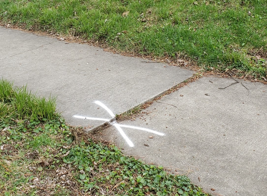 Sidewalk with defect marked by white paint