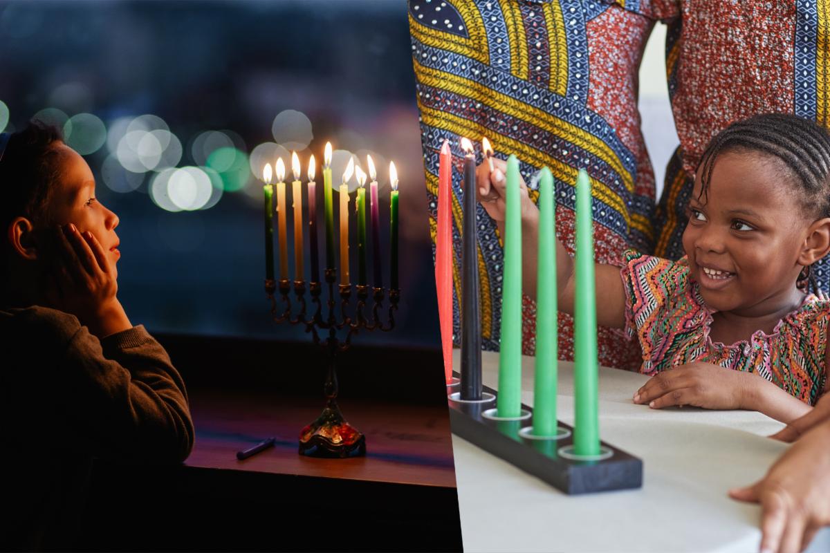 A boy sitting next to a menorah and a girl lighting a kinaraa 