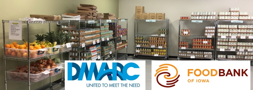 Food Pantry Photo with Food Bank of Iowa & DMARC logos