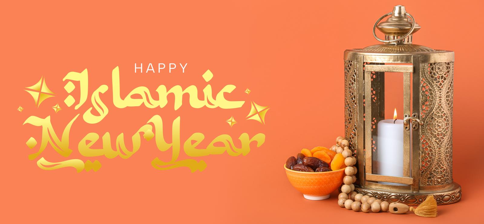 Muslim lantern with burning candle, dates and tasbih on orange background. Greeting banner for Islamic New Year