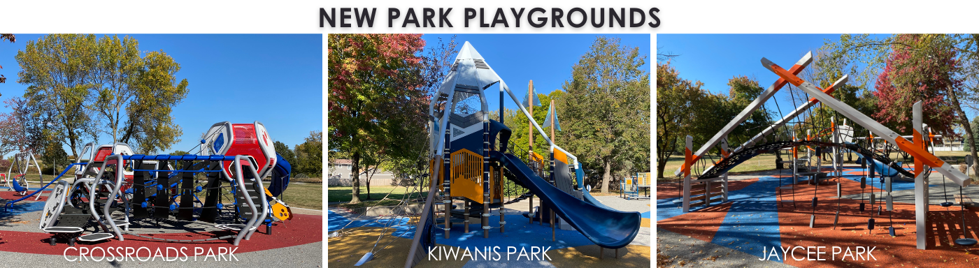 playground equipment at Crossroads, Kiwanis, and Jaycee Parks